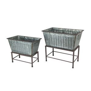 Set of 2 Galvanized Zinc Finish Metal Tub Planters On Stands